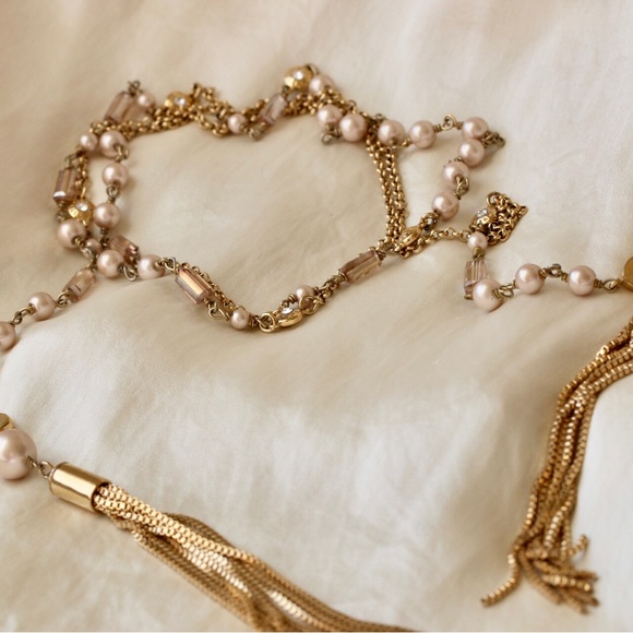 Henri Bendel Pearl Gold Lariat fringe Necklace